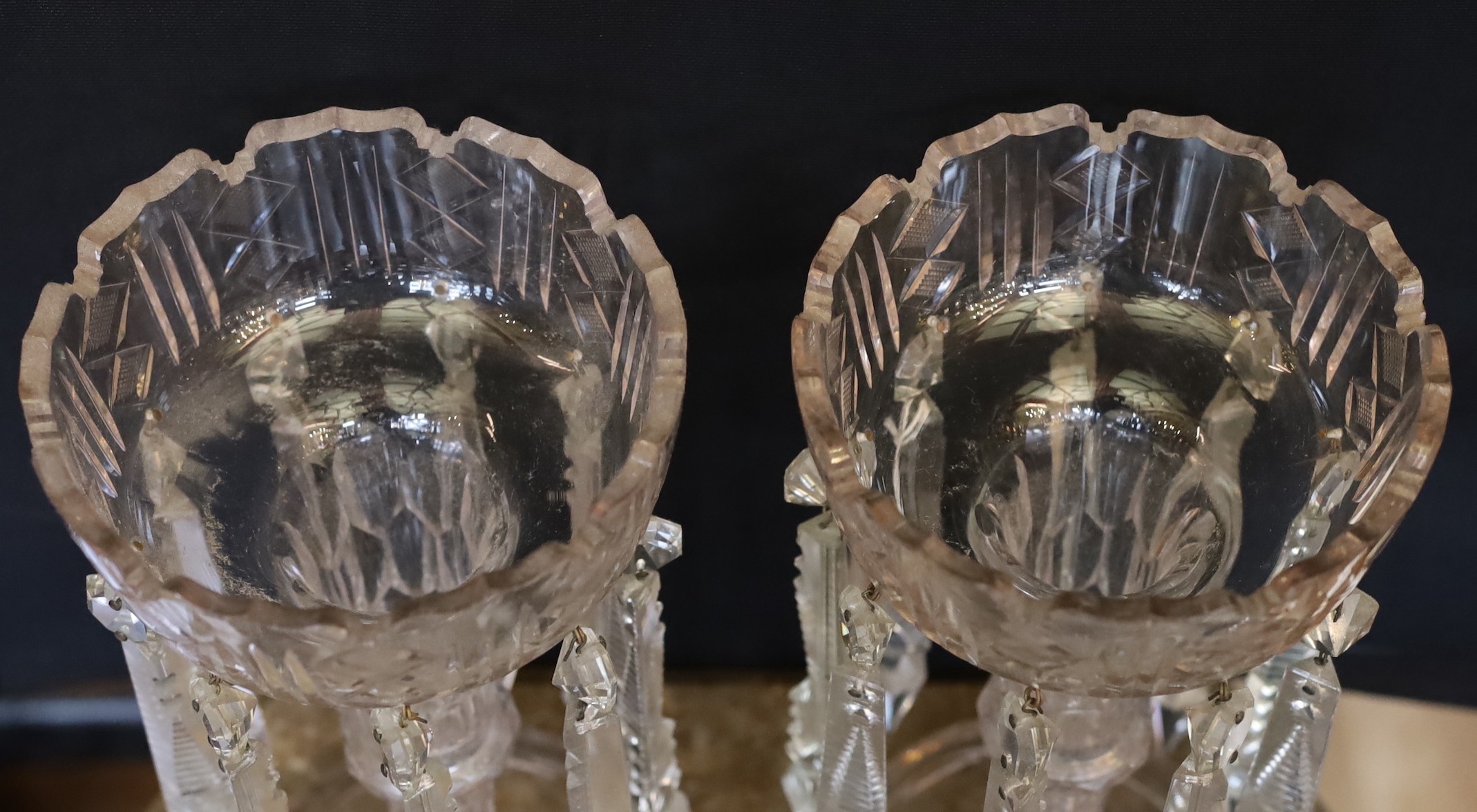 A pair of late Victorian Bohemian cut glass lustres with spear shaped drops, height 28cm